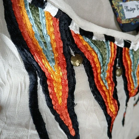 Vintage Collection Embroidered Beaded Boho Cream Rainbow Tunic Top Women Medium - Picture 8 of 10